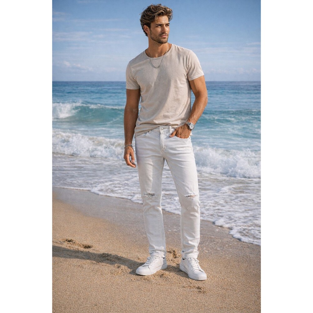 Bleecker & Mercer White Skinny Jeans Mens 36x30 Distressed Stretch Denim NWT